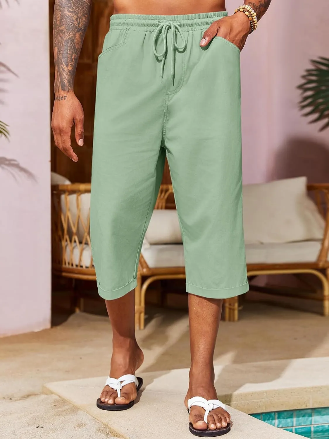 Runcati Mens Harem Capri Pants Casual Elastic Waist Cotton 3/4 Shorts Summer Beach Yoga Tapered Trousers