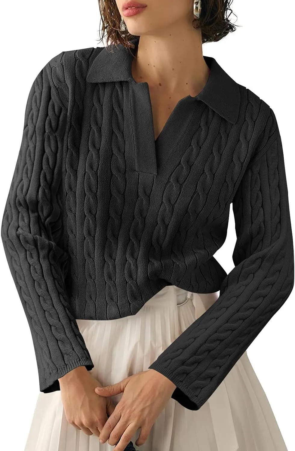 Saodimallsu Womens Cable Knit V Neck Sweater Fall Trendy Collared Long Sleeve Slouchy Loose Pullover Sweaters Tops