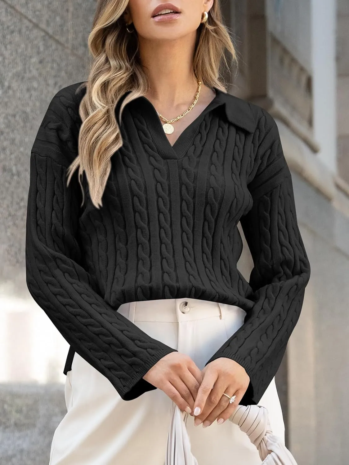 Saodimallsu Womens Cable Knit V Neck Sweater Fall Trendy Collared Long Sleeve Slouchy Loose Pullover Sweaters Tops