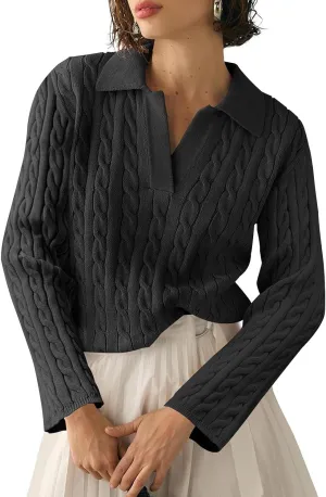 Saodimallsu Womens Cable Knit V Neck Sweater Fall Trendy Collared Long Sleeve Slouchy Loose Pullover Sweaters Tops