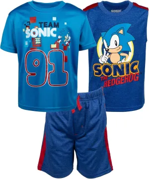 SEGA Sonic the Hedgehog 3 Piece Outfit Set: T-Shirt Tank Top Shorts Toddler to Big Kid