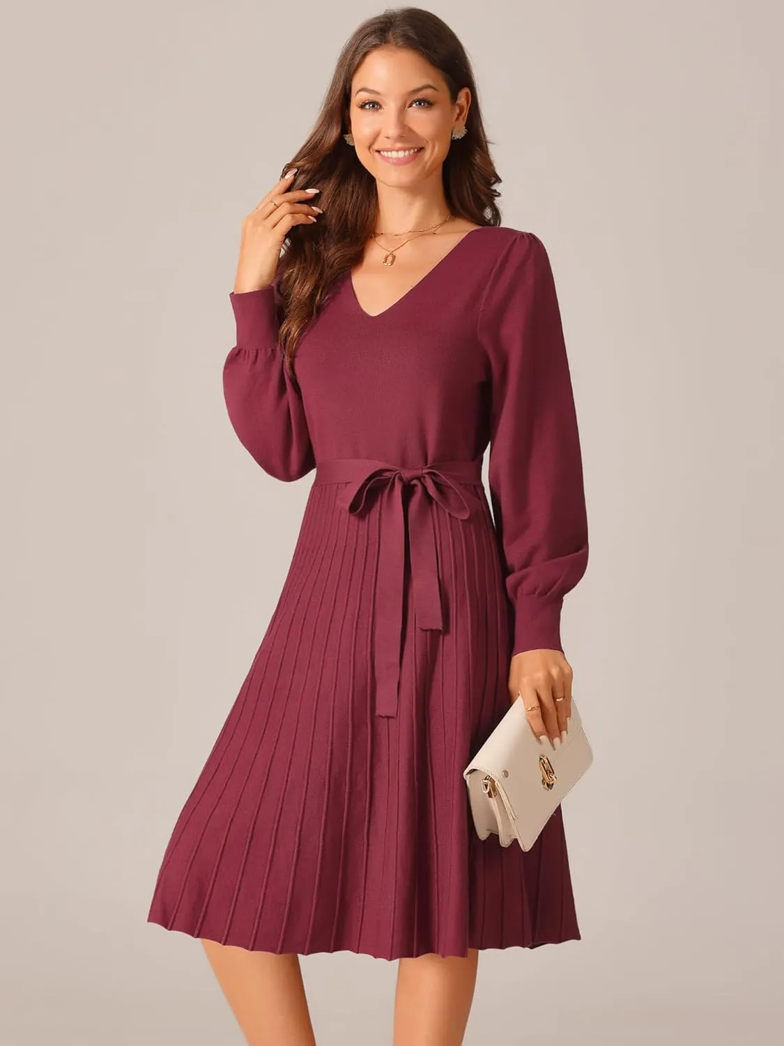 Seta T Women's V Neck Sweater Dress Casual Long Sleeve Tie Waist Pleated A-Line Midi Dress