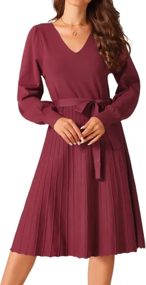 Seta T Women's V Neck Sweater Dress Casual Long Sleeve Tie Waist Pleated A-Line Midi Dress