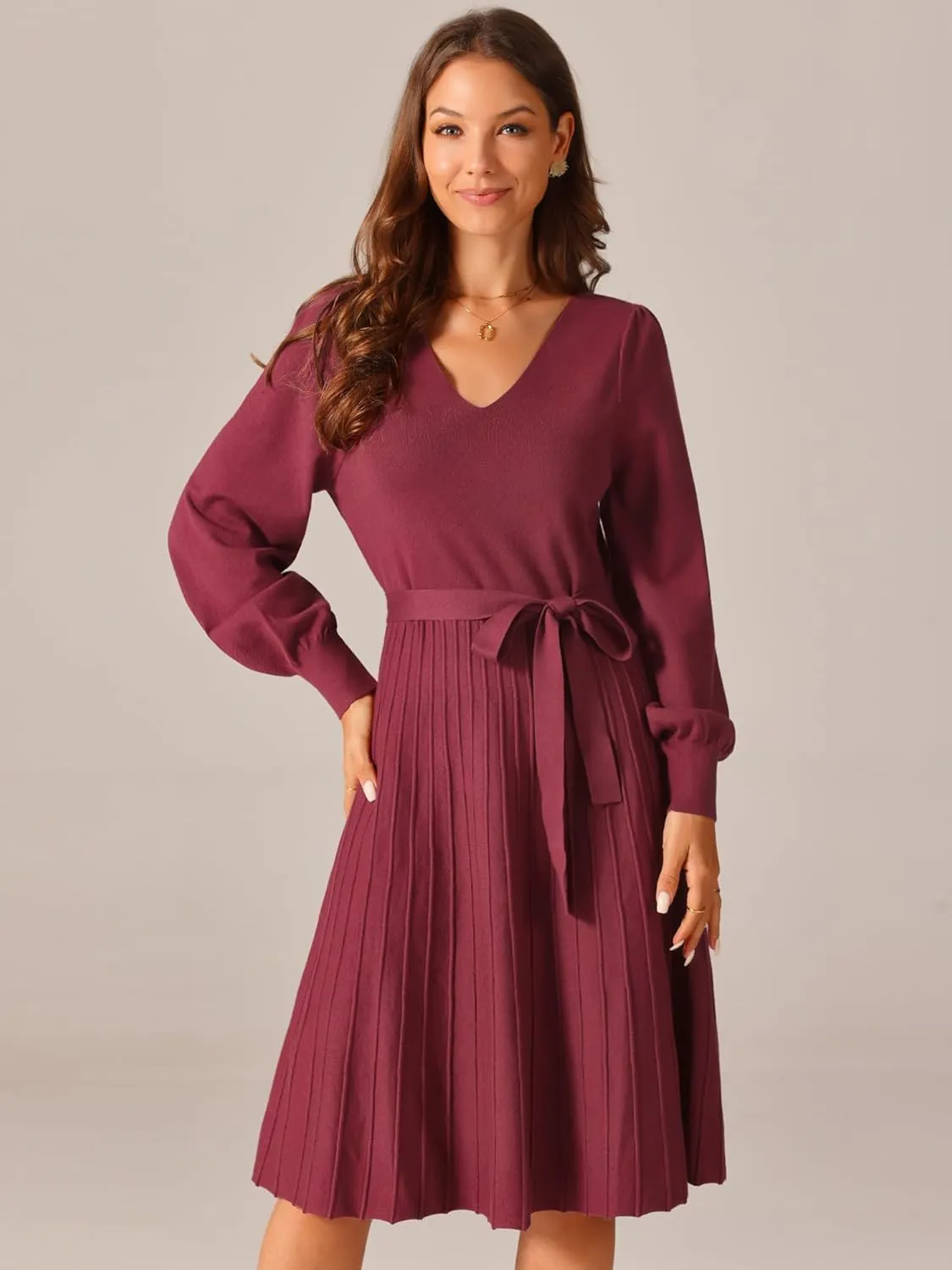 Seta T Women's V Neck Sweater Dress Casual Long Sleeve Tie Waist Pleated A-Line Midi Dress