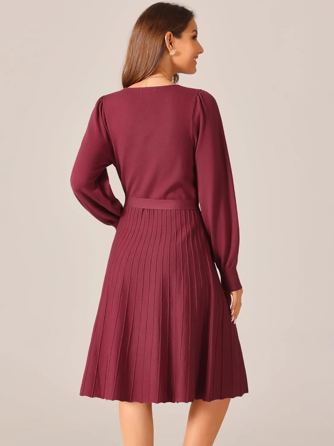 Seta T Women's V Neck Sweater Dress Casual Long Sleeve Tie Waist Pleated A-Line Midi Dress