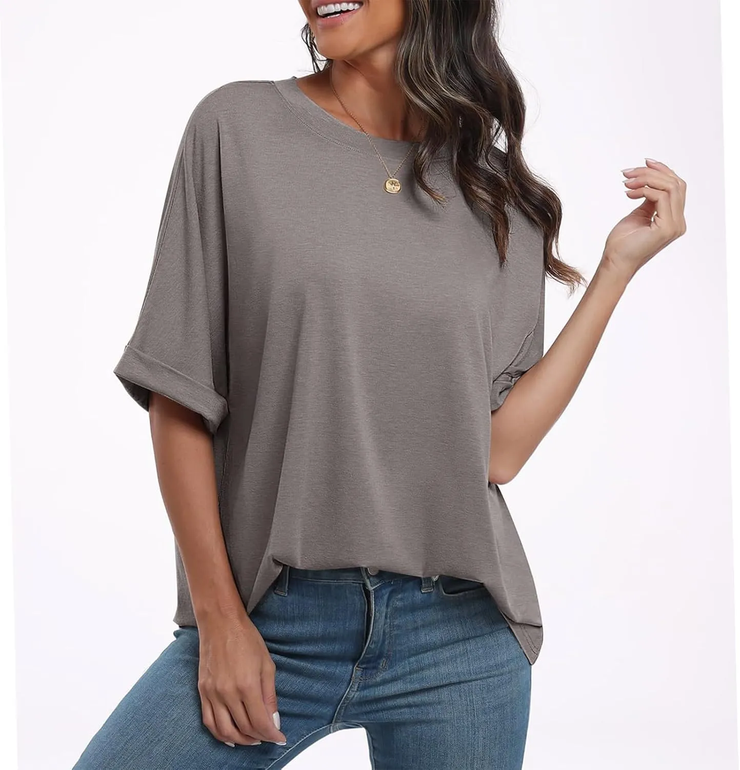 slqdgmryz Oversized Tshirts for Women Crew Neck Half Sleeve Tops Summer Loose Elbow Length Tee Shirts Business Casual Blouses