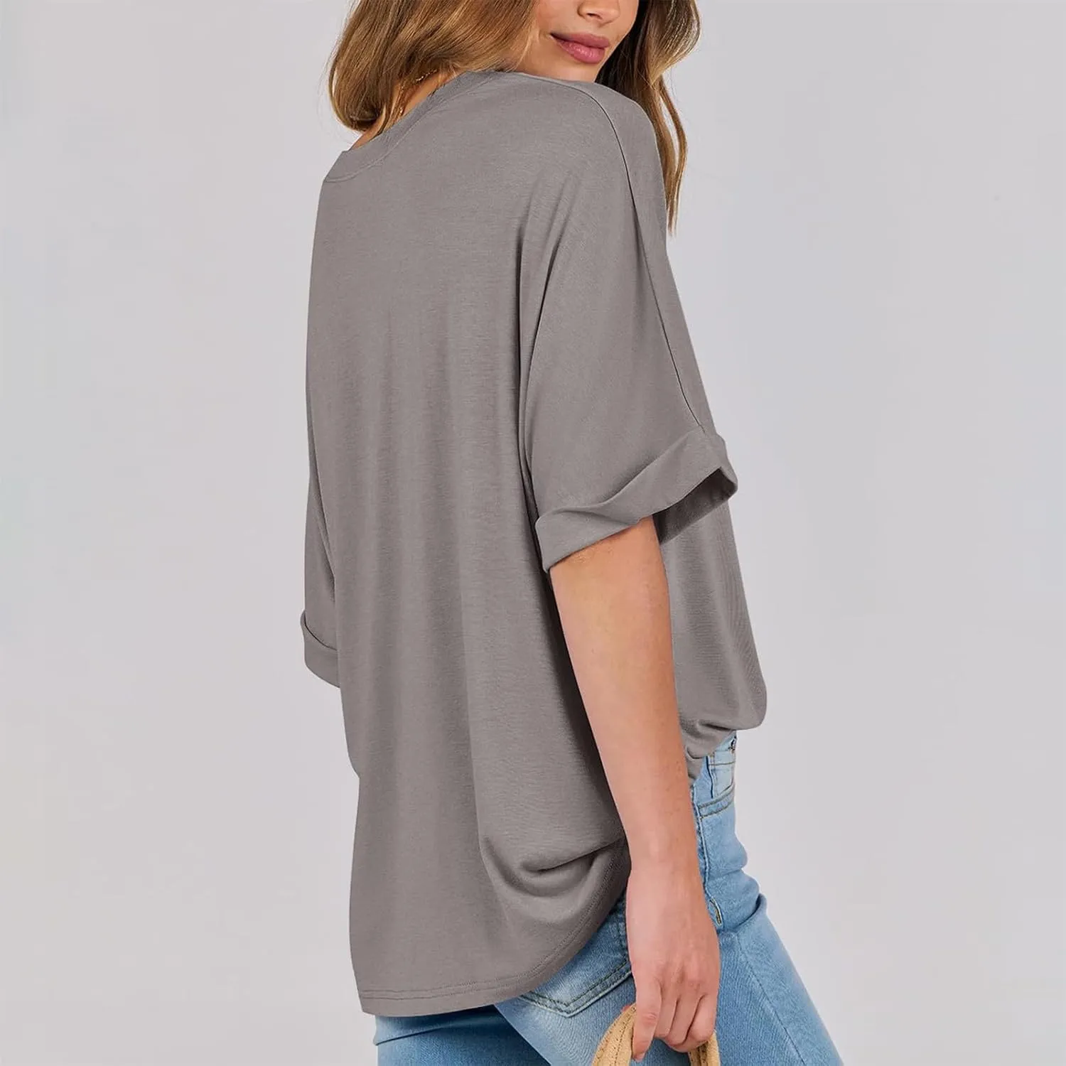 slqdgmryz Oversized Tshirts for Women Crew Neck Half Sleeve Tops Summer Loose Elbow Length Tee Shirts Business Casual Blouses