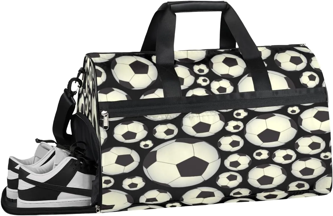 Soccer Modern Black Grey Sports Gym Bag for Women and Men Travel Duffel Bag Overnight Shoulder Bag Waterproof Workout Bag Portable Sports Tote with Shoes Compartment