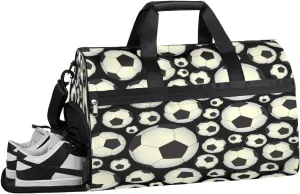 Soccer Modern Black Grey Sports Gym Bag for Women and Men Travel Duffel Bag Overnight Shoulder Bag Waterproof Workout Bag Portable Sports Tote with Shoes Compartment