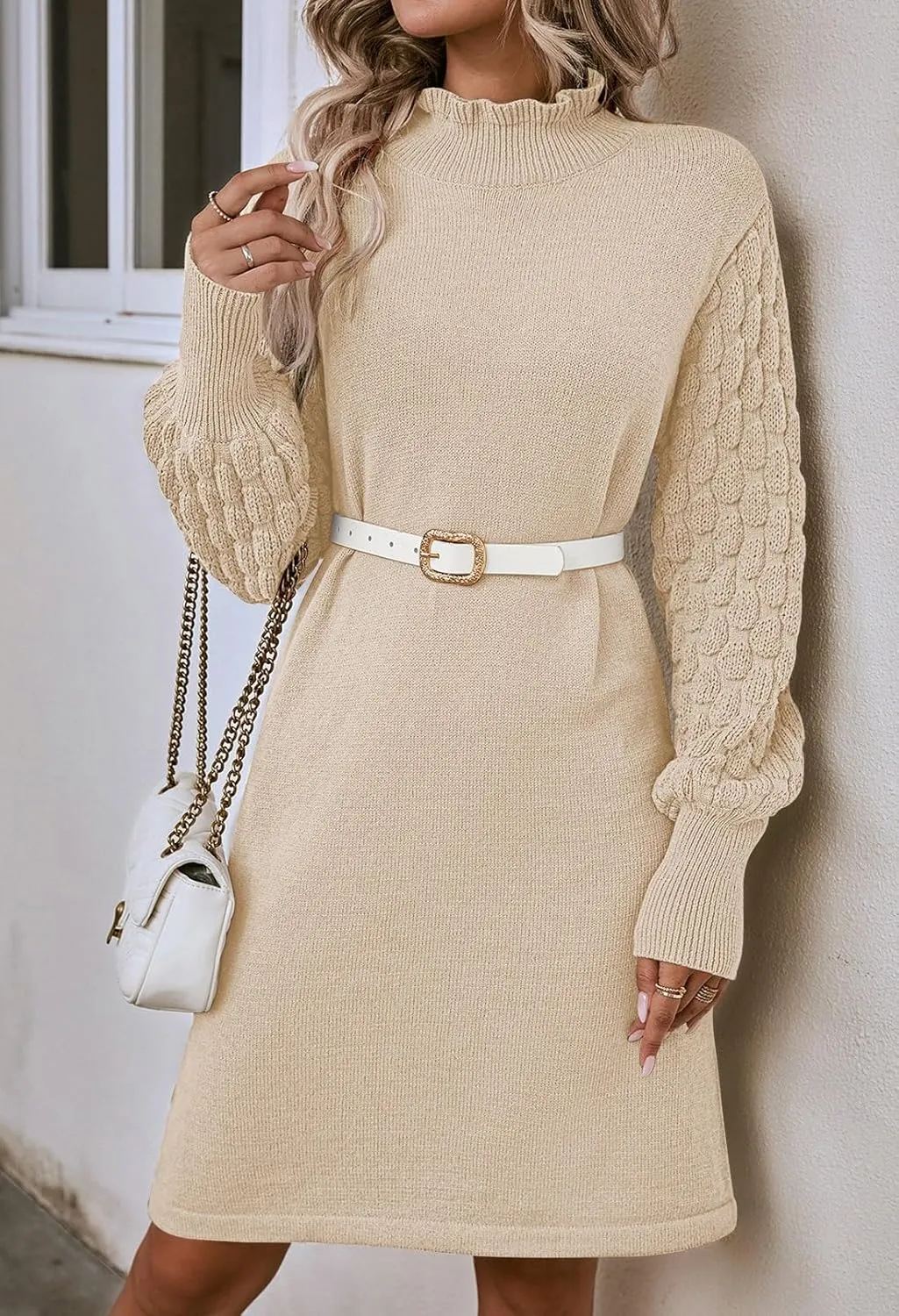 Sovoyontee Women's 2024 Fall Long Sleeve Mock Neck Sweater Dress Casual Loose Ribbed Knit Mini Short Pullover Dresses