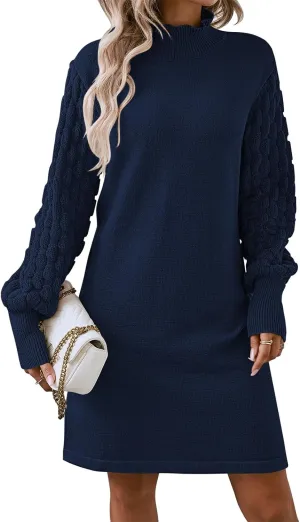 Sovoyontee Women's 2024 Fall Long Sleeve Mock Neck Sweater Dress Casual Loose Ribbed Knit Mini Short Pullover Dresses