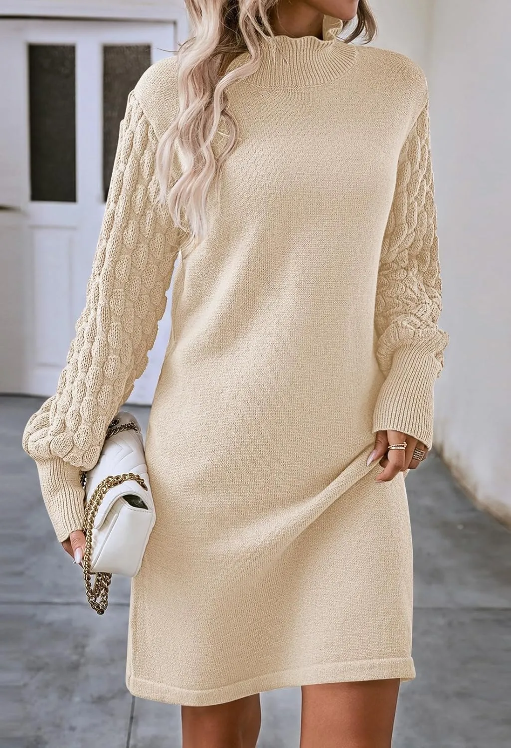 Sovoyontee Women's 2024 Fall Long Sleeve Mock Neck Sweater Dress Casual Loose Ribbed Knit Mini Short Pullover Dresses