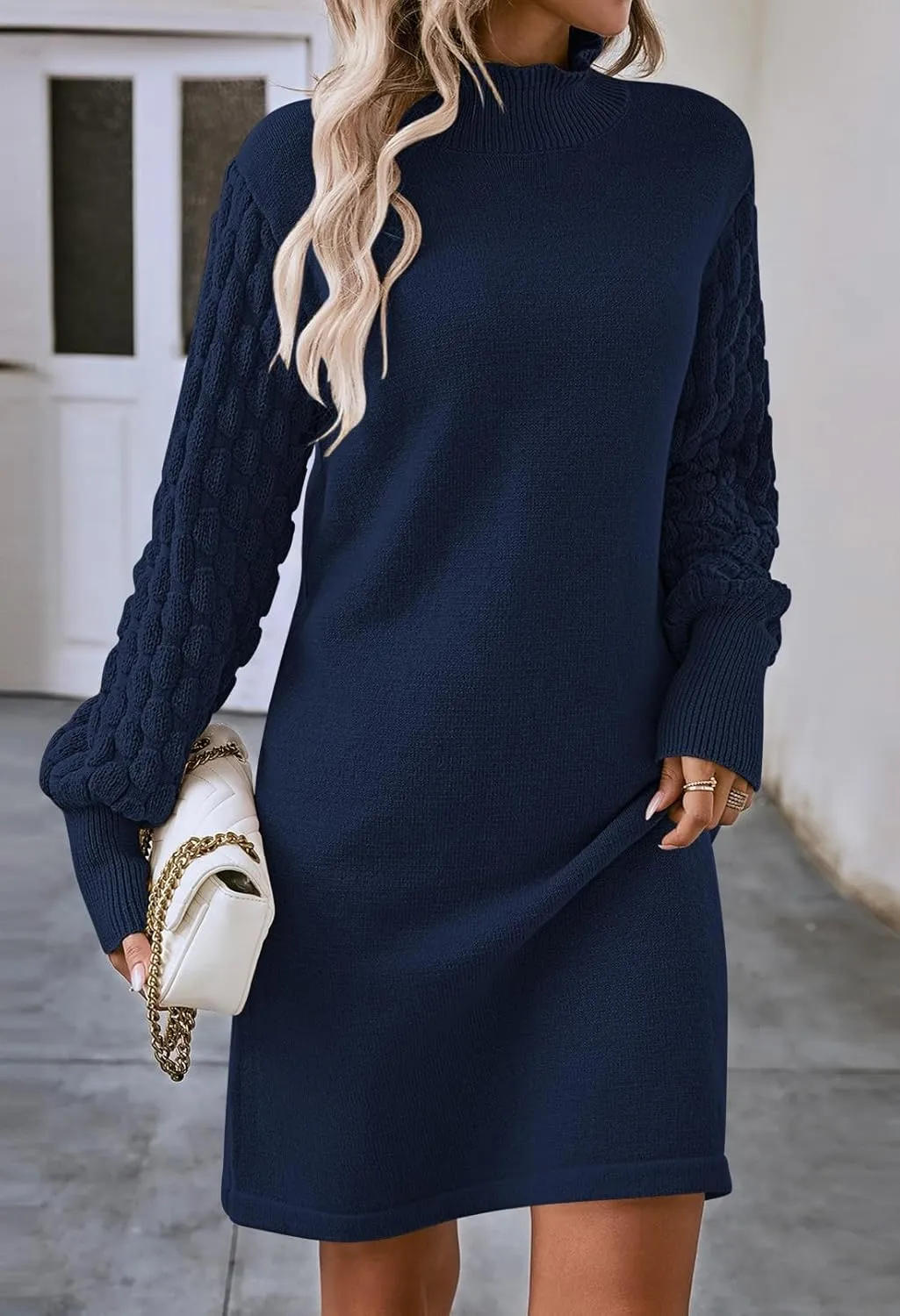 Sovoyontee Women's 2024 Fall Long Sleeve Mock Neck Sweater Dress Casual Loose Ribbed Knit Mini Short Pullover Dresses