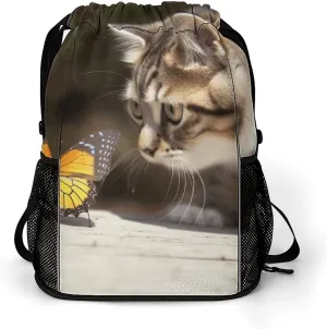 Sports Belt Pocket,Cat And Butterfly Drawstring Backpack,drawstring Bag,travel Drawstring Backpack with Side Pocket