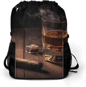Sports Belt Pocket,Cigar & Whiskey Drawstring Backpack,drawstring Bag,travel Drawstring Backpack with Side Pocket, 45.5x41.5x36cm, Style