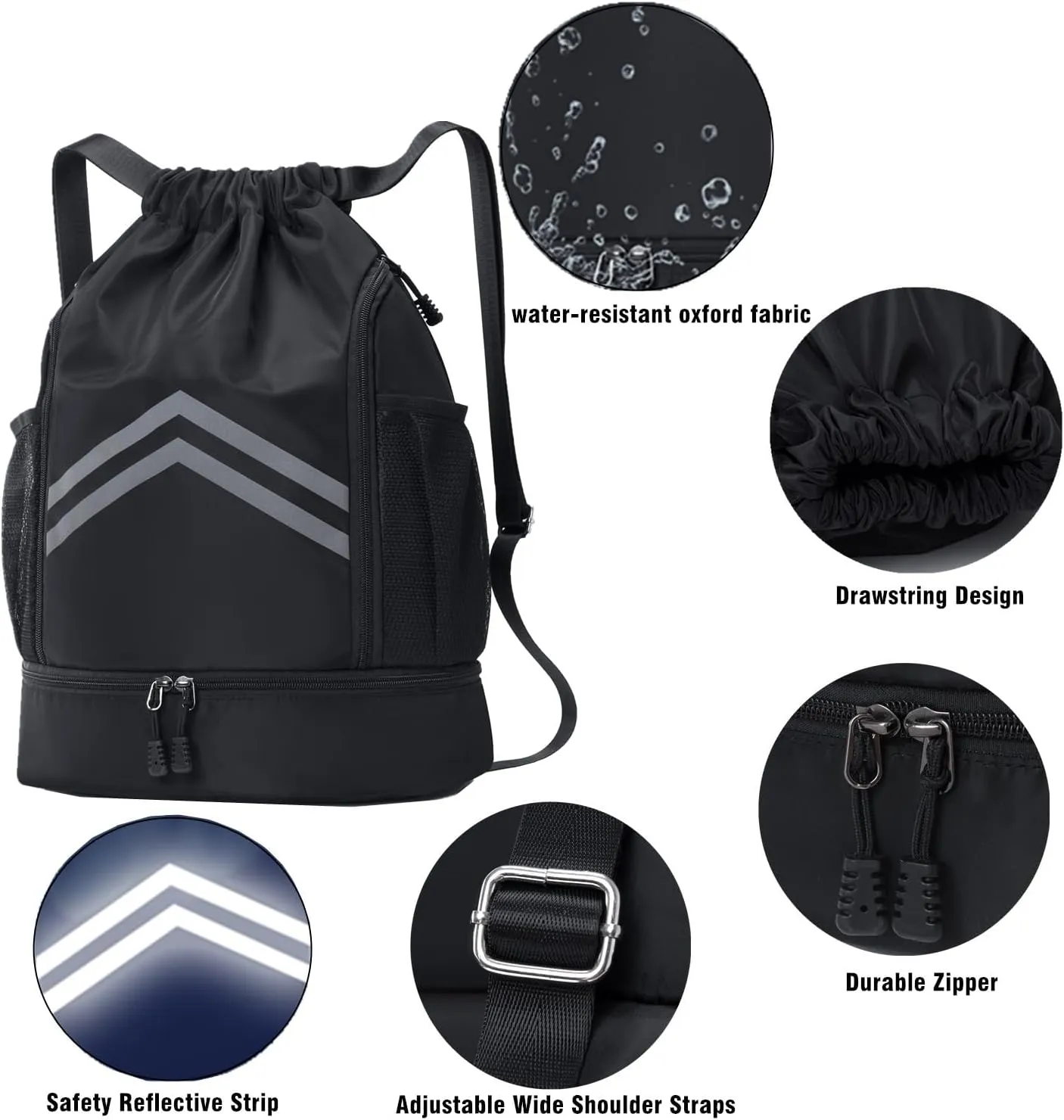 Sports Drawstring Backpack Bag - Waterproof Gym Drawstring Bags with Shoes Compartment and Water Bottle Pockets - Cinch String Backpack - Swim Drawstring Beach Bags for Women & Men, Royal Blue