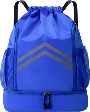 Sports Drawstring Backpack Bag - Waterproof Gym Drawstring Bags with Shoes Compartment and Water Bottle Pockets - Cinch String Backpack - Swim Drawstring Beach Bags for Women & Men, Royal Blue