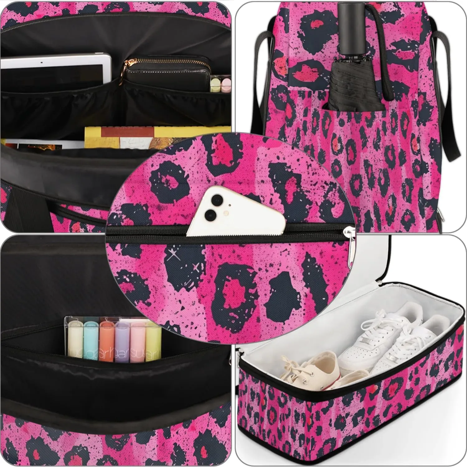 Sports Duffel Bag, Foldable Leopard Print Travel Duffel Bag, Gym Yoga Beach Bag Weekender Overnight Bag with Shoes Compartment for Men Women, Leopard Print Animal Skin