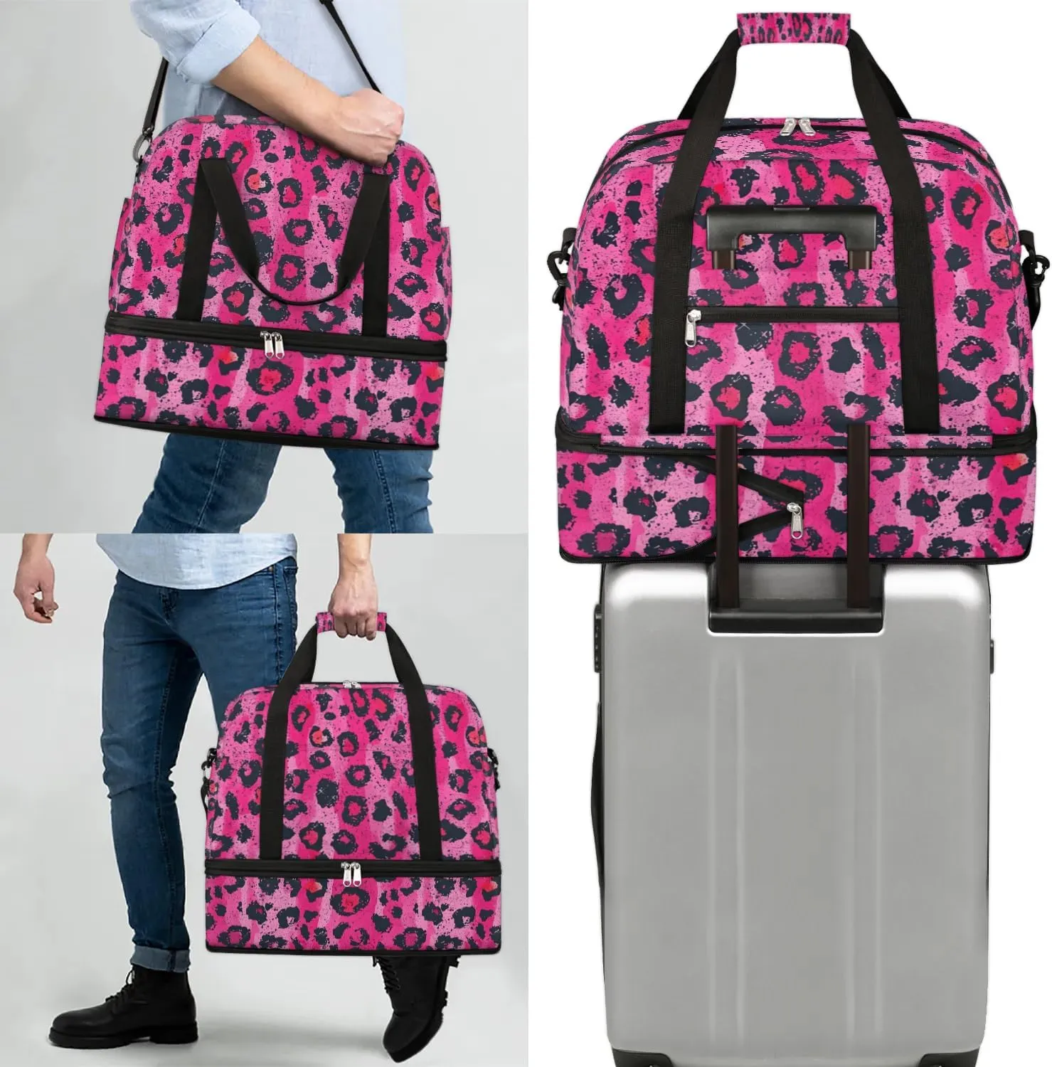 Sports Duffel Bag, Foldable Leopard Print Travel Duffel Bag, Gym Yoga Beach Bag Weekender Overnight Bag with Shoes Compartment for Men Women, Leopard Print Animal Skin