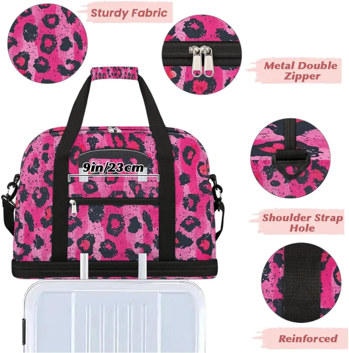 Sports Duffel Bag, Foldable Leopard Print Travel Duffel Bag, Gym Yoga Beach Bag Weekender Overnight Bag with Shoes Compartment for Men Women, Leopard Print Animal Skin