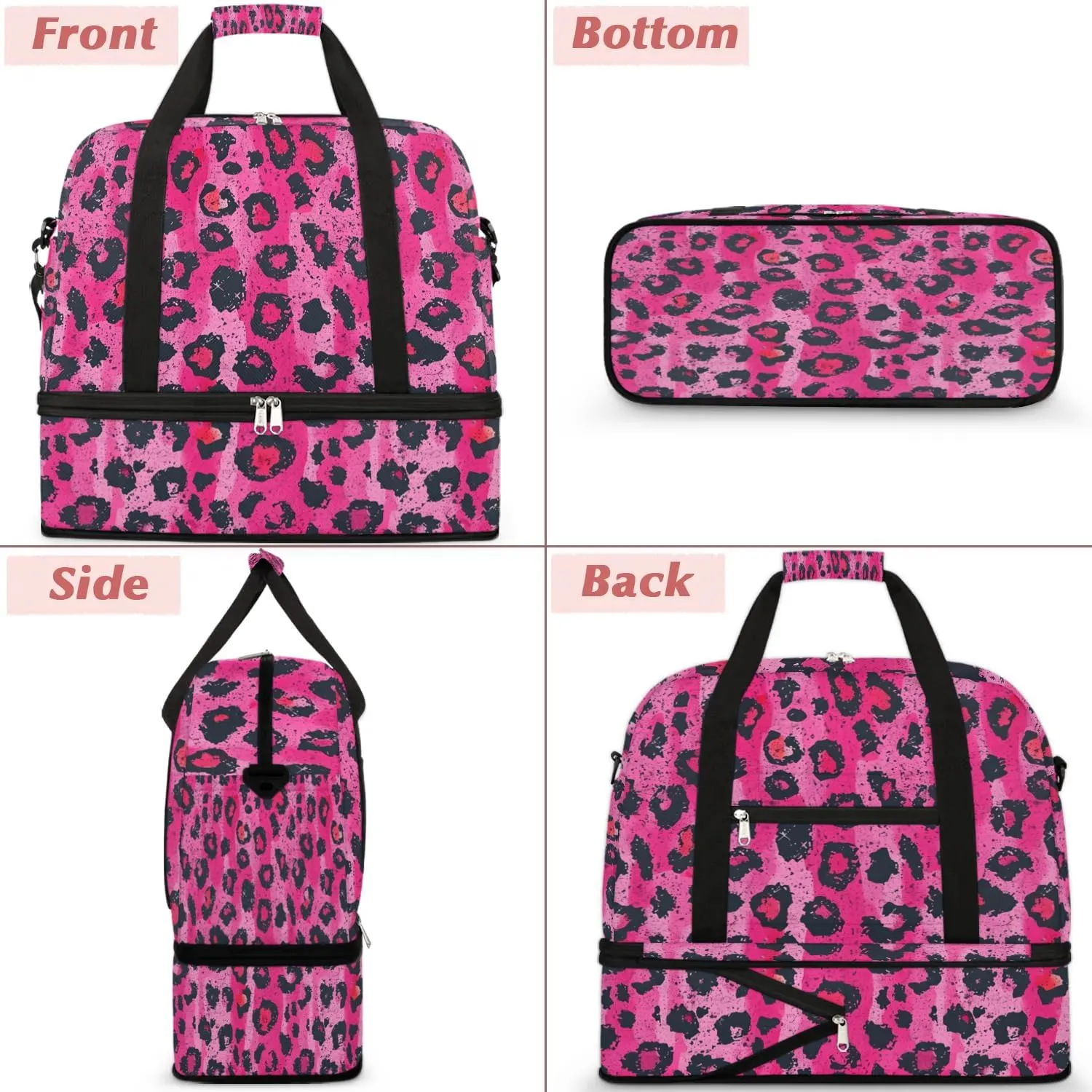 Sports Duffel Bag, Foldable Leopard Print Travel Duffel Bag, Gym Yoga Beach Bag Weekender Overnight Bag with Shoes Compartment for Men Women, Leopard Print Animal Skin