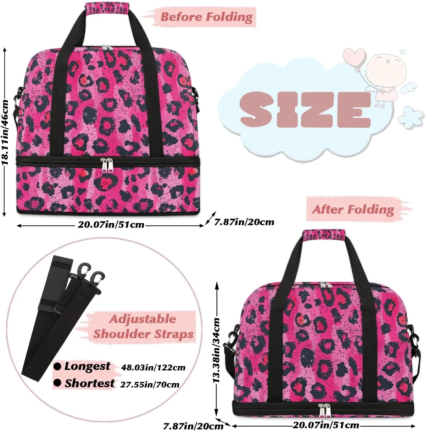 Sports Duffel Bag, Foldable Leopard Print Travel Duffel Bag, Gym Yoga Beach Bag Weekender Overnight Bag with Shoes Compartment for Men Women, Leopard Print Animal Skin