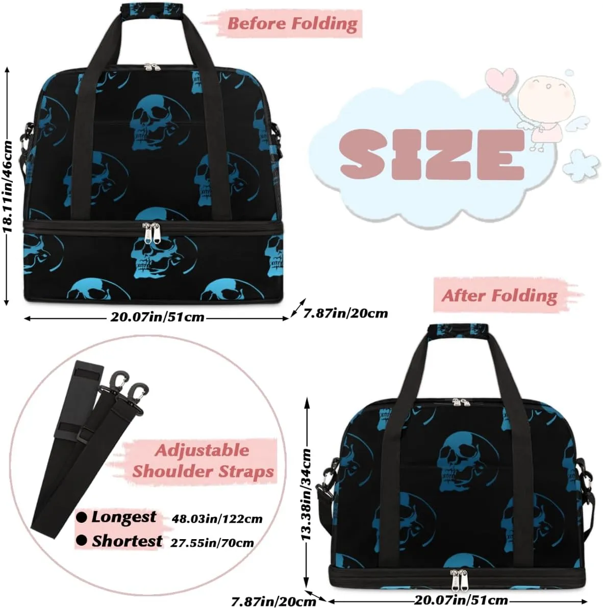 Sports Gym Bag Gothic Skull Foldable Travel Duffel Bag with Shoes Compartment Large Carry On Bag Weekend Yoga Workout Bag for Men Women 20.07 * 7.87 * 18.11 Inch