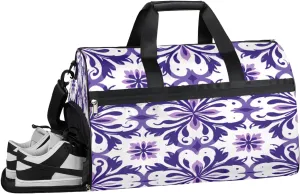 Sports Gym Bag Women Men with Wet Pocket & Shoes Compartment, Colorful Purple Color Portugeuse Tiles Travel Duffel Bag, Workout Dance Bag Tote Bags, Carry On Weekender
