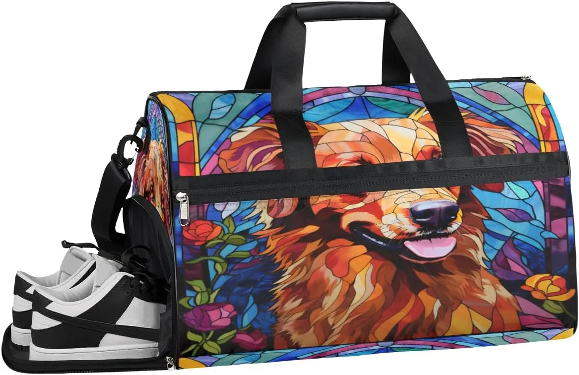 Sports Gym Bag Women Men with Wet Pocket & Shoes Compartment, Dog Bright Stained Glass Window Travel Duffel Bag, Workout Dance Bag Tote Bags, Carry On Weekender