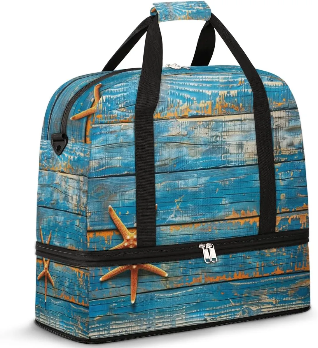 Starfish Travel Duffel Bag for Women Men, Wooden Starfish Beach Sports Gym Bag with Shoes Compartment Foldable Overnight Bag Weekender Tote Workout Carry On Luggage Bag