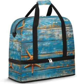 Starfish Travel Duffel Bag for Women Men, Wooden Starfish Beach Sports Gym Bag with Shoes Compartment Foldable Overnight Bag Weekender Tote Workout Carry On Luggage Bag