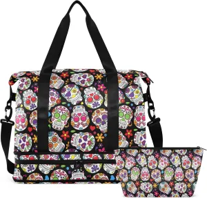 Sugar Skull Garment Duffel Bag for Men, Large Capacity Folding Travel Bag, Travel Bag with Shoe Compartment Packable Duffle Bag for Travel