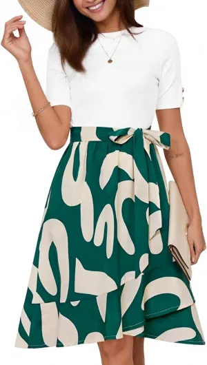 Summer Dresses for Women 2025 Short Sleeve Floral Maxi Dress Flowy Empire Waist Patchwork A Line Ruffle Tiered Dress