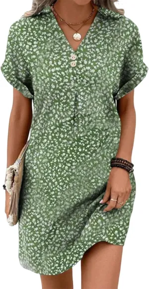 Summer Dresses for Women Floral Short Sleeve Mini Dress V Neck Shift Casual Vacation Dress