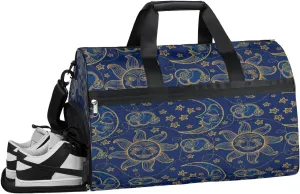 Sun Moon Blue Gold Sports Gym Bag for Women and Men Travel Duffel Bag Overnight Shoulder Bag Waterproof Workout Bag Portable Sports Tote with Shoes Compartment