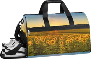 Sunflower Field In The Sunset Resistant Sports Gym Bag for Women Men Travel Duffel bag with Wet Pocket & Shoes Compartment Waterproof Weekender Bag 19.7"x9.9"x13"