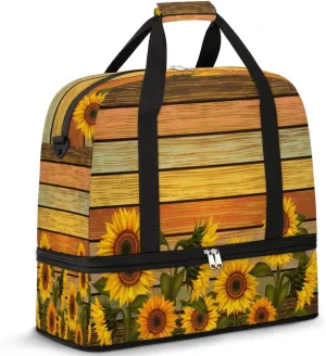 Sunflowers Leaves Wooden Travel Duffel Bag for Women Men, Summer Flowers Sports Gym Bag with Shoes Compartment Foldable Overnight Bag Weekender Tote Workout Carry On Luggage Bag