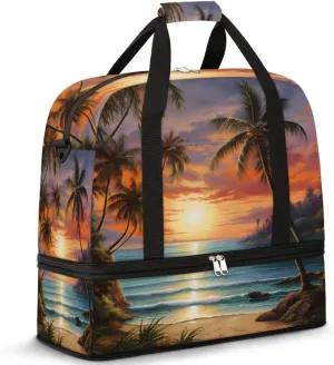 Sunset Beach Palm Tree Travel Duffel Bag for Women Men, Sports Gym Bag with Shoes Compartment Foldable Overnight Bag Weekender Tote Workout Carry On Luggage Bag