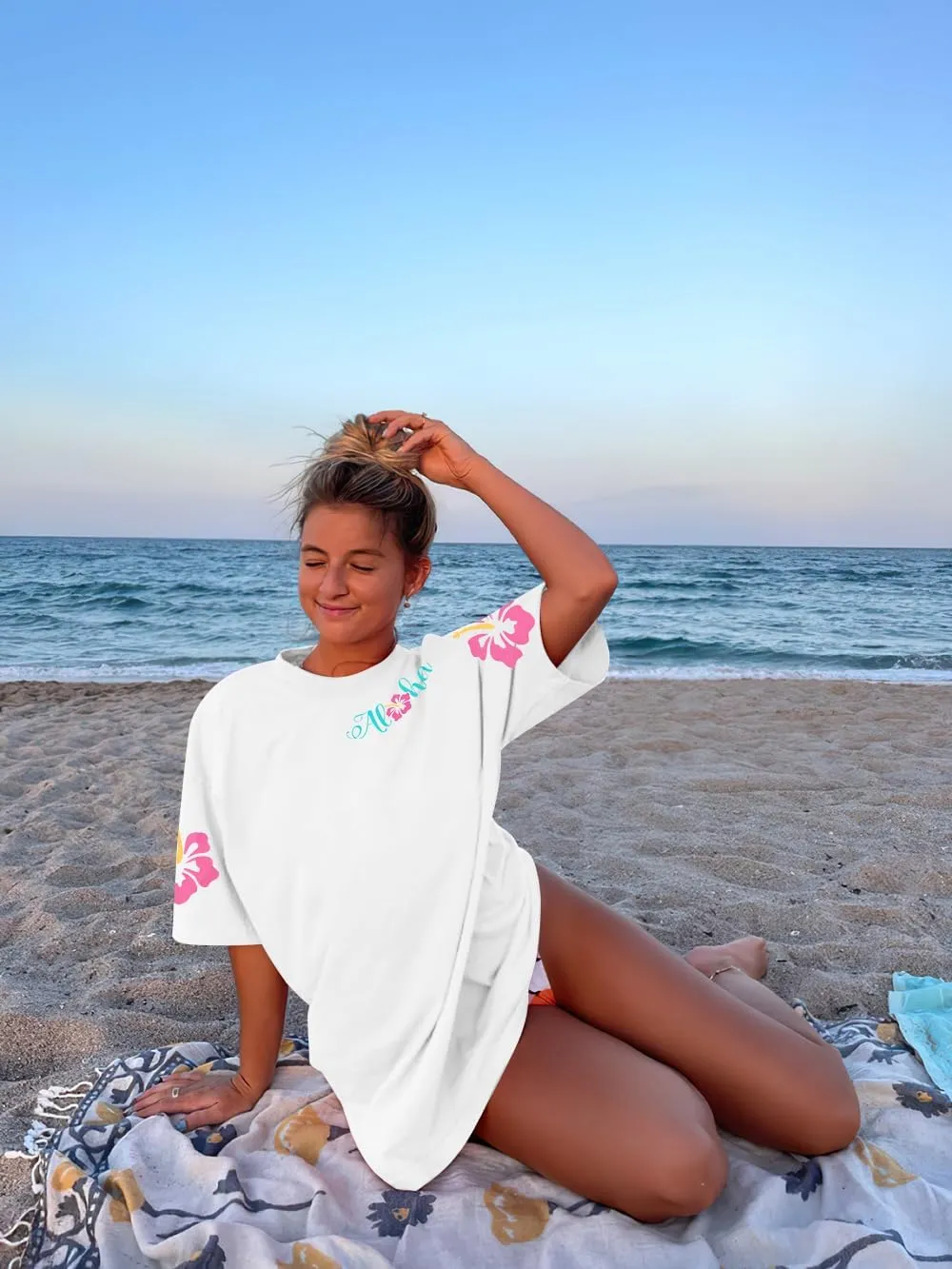 SUPEYA Hawaiian Shirt Women Oversized Hawaii T Shirts Vintage Hibiscus Graphic Tropical Tops Summer Beach Vacation Shirts