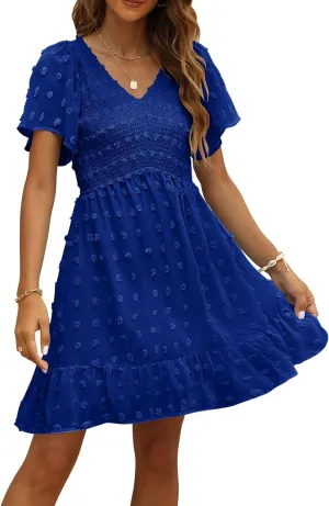 TECREW Womens Smocked Short Sleeve V Neck Mini Dress Summer Swiss Dot Flowy Short Dress