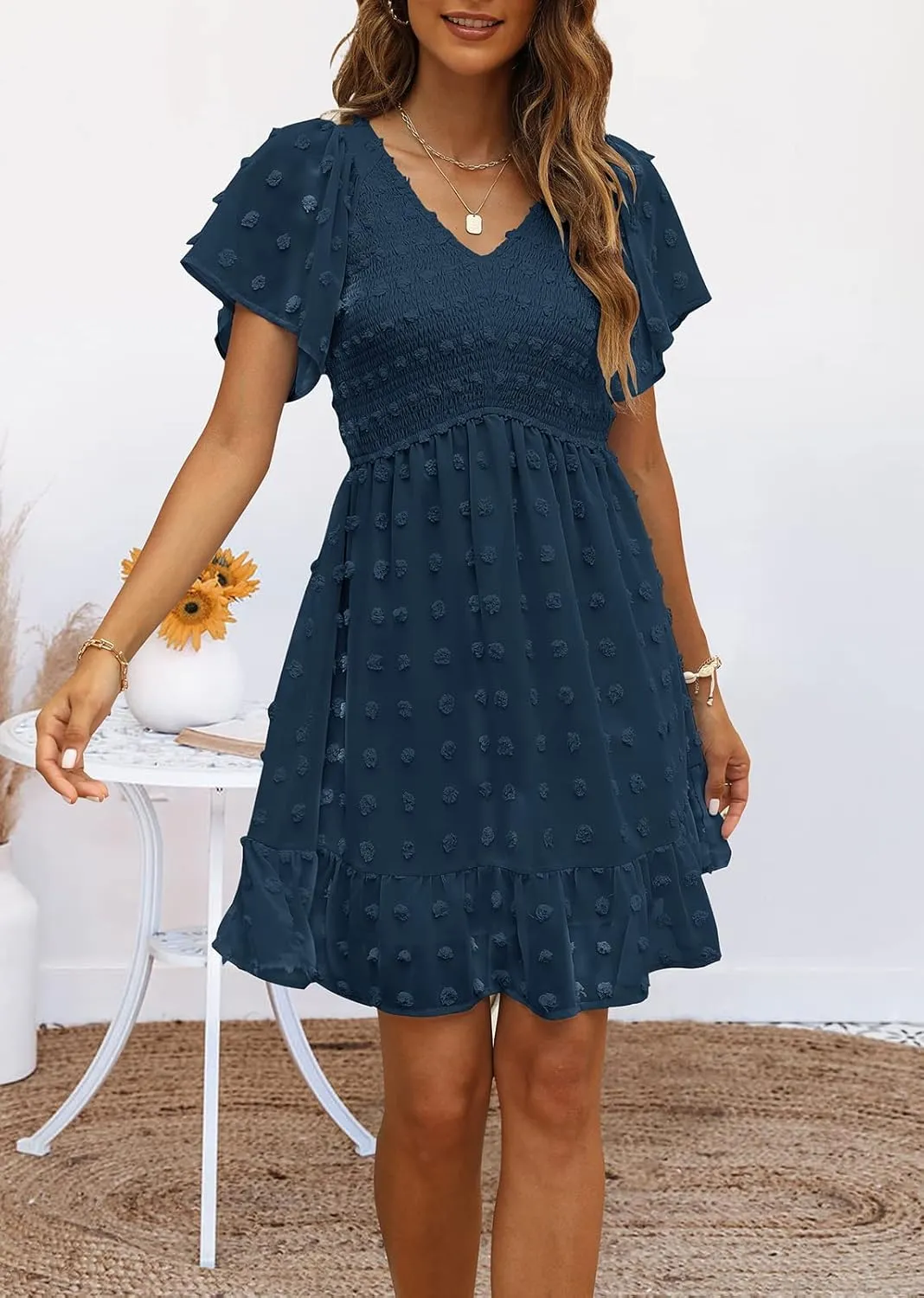 TECREW Womens Smocked Short Sleeve V Neck Mini Dress Summer Swiss Dot Flowy Short Dress