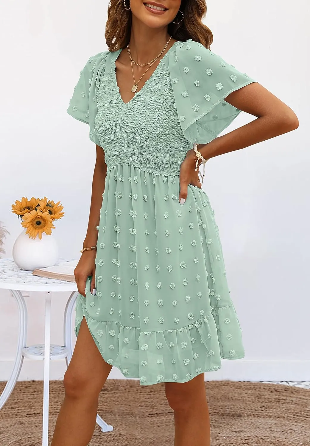 TECREW Womens Smocked Short Sleeve V Neck Mini Dress Summer Swiss Dot Flowy Short Dress