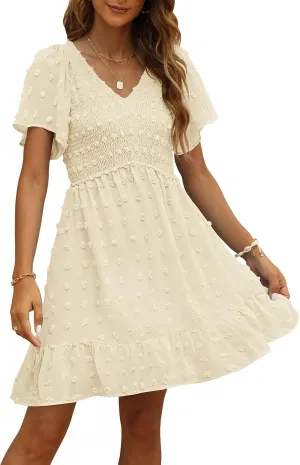 TECREW Womens Smocked Short Sleeve V Neck Mini Dress Summer Swiss Dot Flowy Short Dress