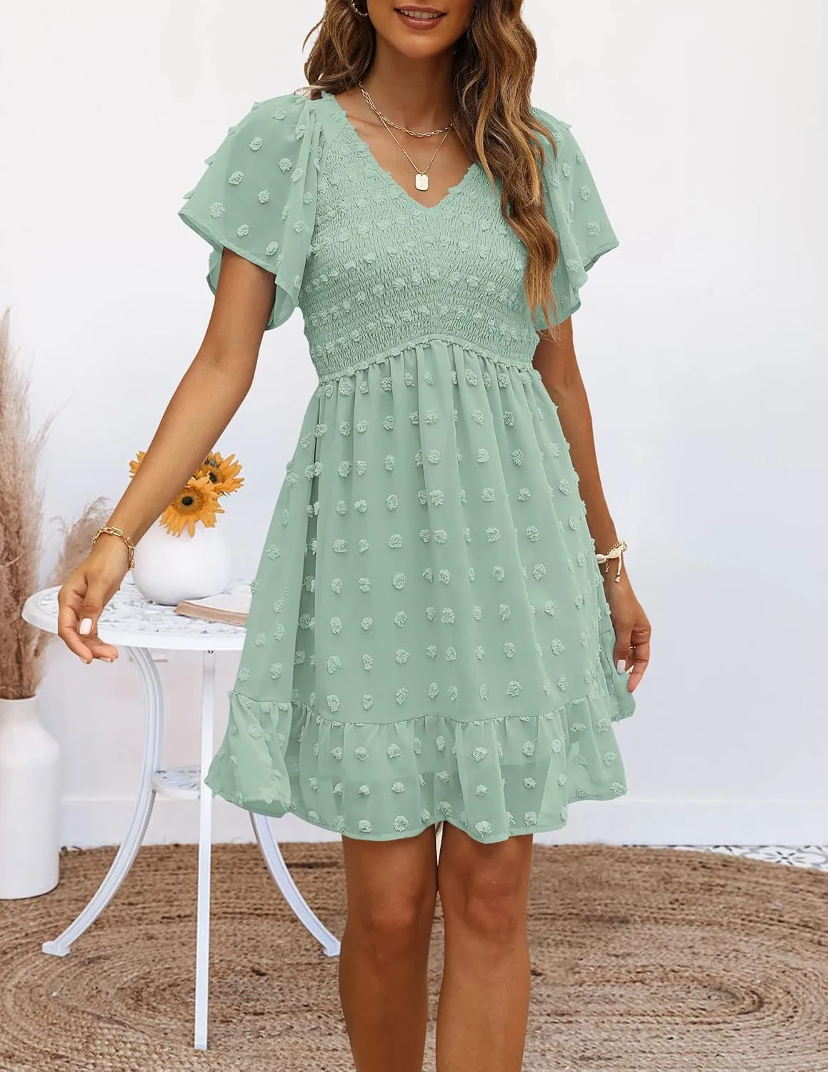 TECREW Womens Smocked Short Sleeve V Neck Mini Dress Summer Swiss Dot Flowy Short Dress