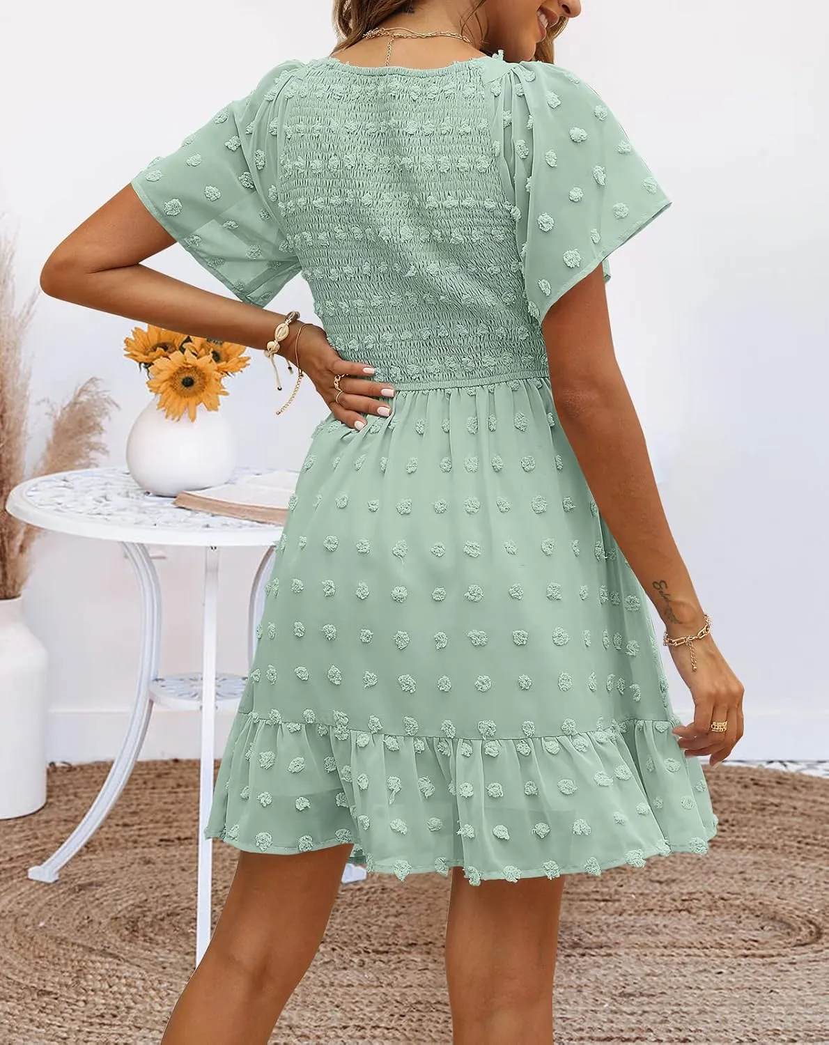 TECREW Womens Smocked Short Sleeve V Neck Mini Dress Summer Swiss Dot Flowy Short Dress
