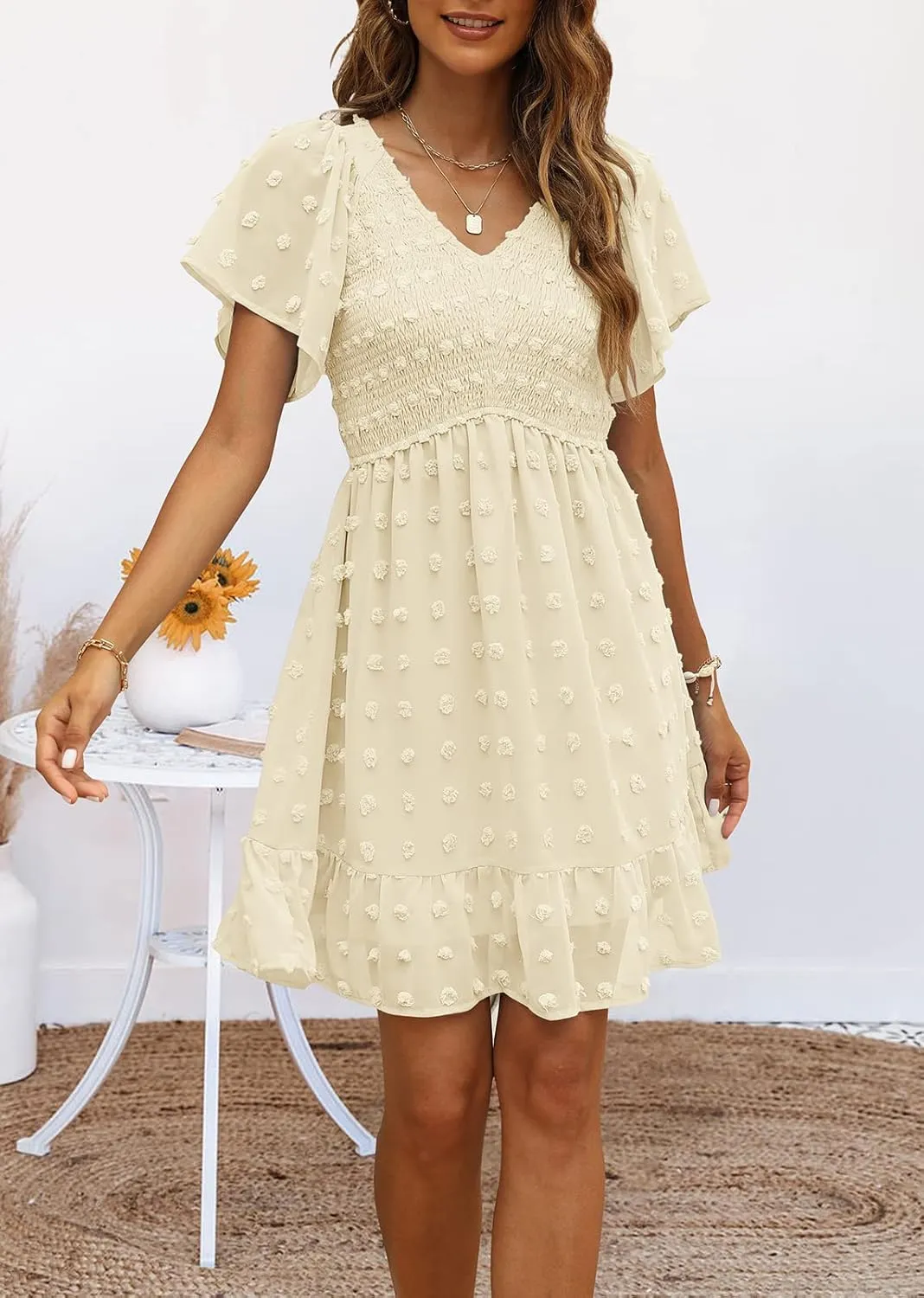 TECREW Womens Smocked Short Sleeve V Neck Mini Dress Summer Swiss Dot Flowy Short Dress