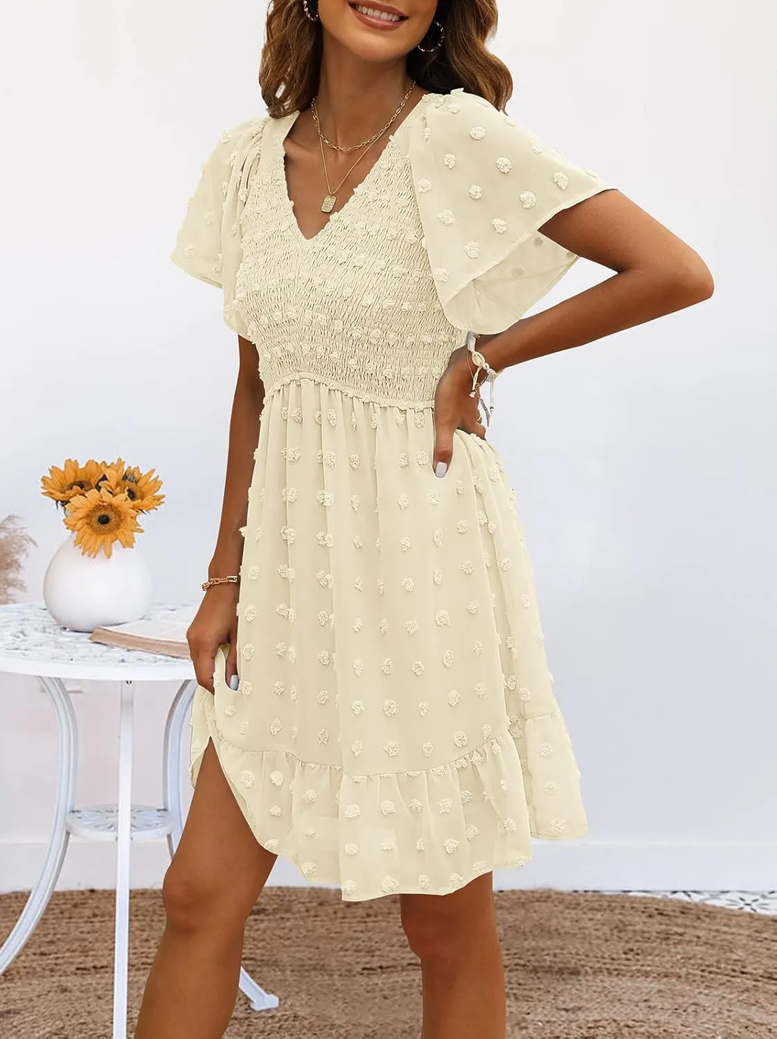 TECREW Womens Smocked Short Sleeve V Neck Mini Dress Summer Swiss Dot Flowy Short Dress