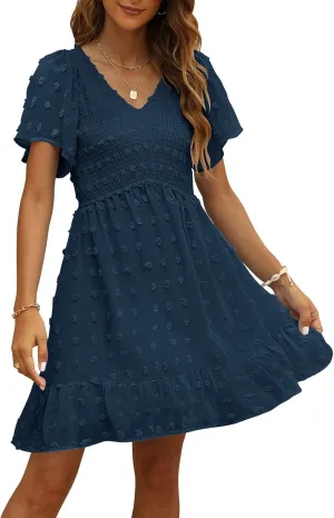 TECREW Womens Smocked Short Sleeve V Neck Mini Dress Summer Swiss Dot Flowy Short Dress