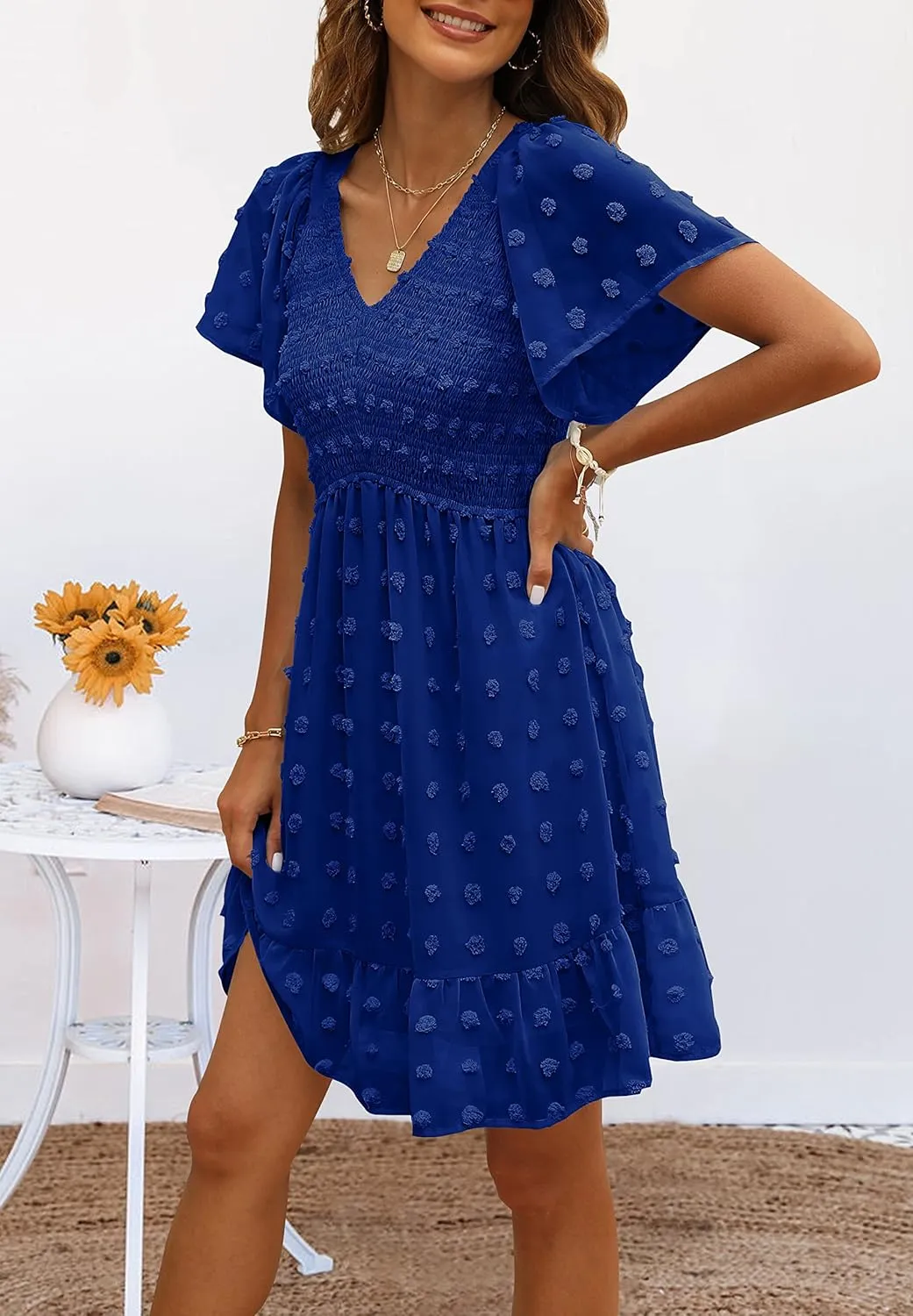 TECREW Womens Smocked Short Sleeve V Neck Mini Dress Summer Swiss Dot Flowy Short Dress