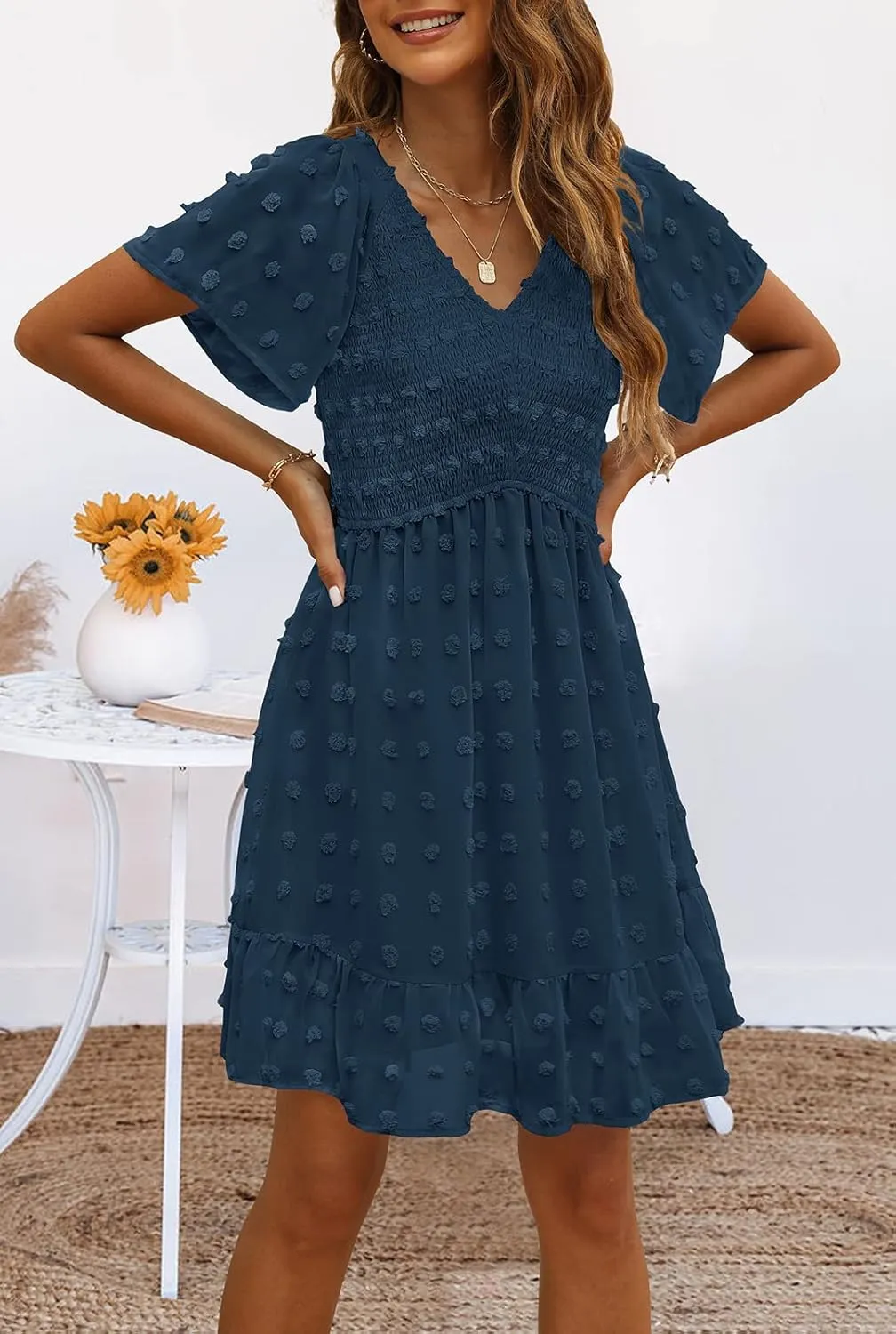 TECREW Womens Smocked Short Sleeve V Neck Mini Dress Summer Swiss Dot Flowy Short Dress
